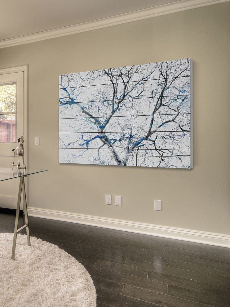 "Blue Branches" Print on White Wood, 45"x30"