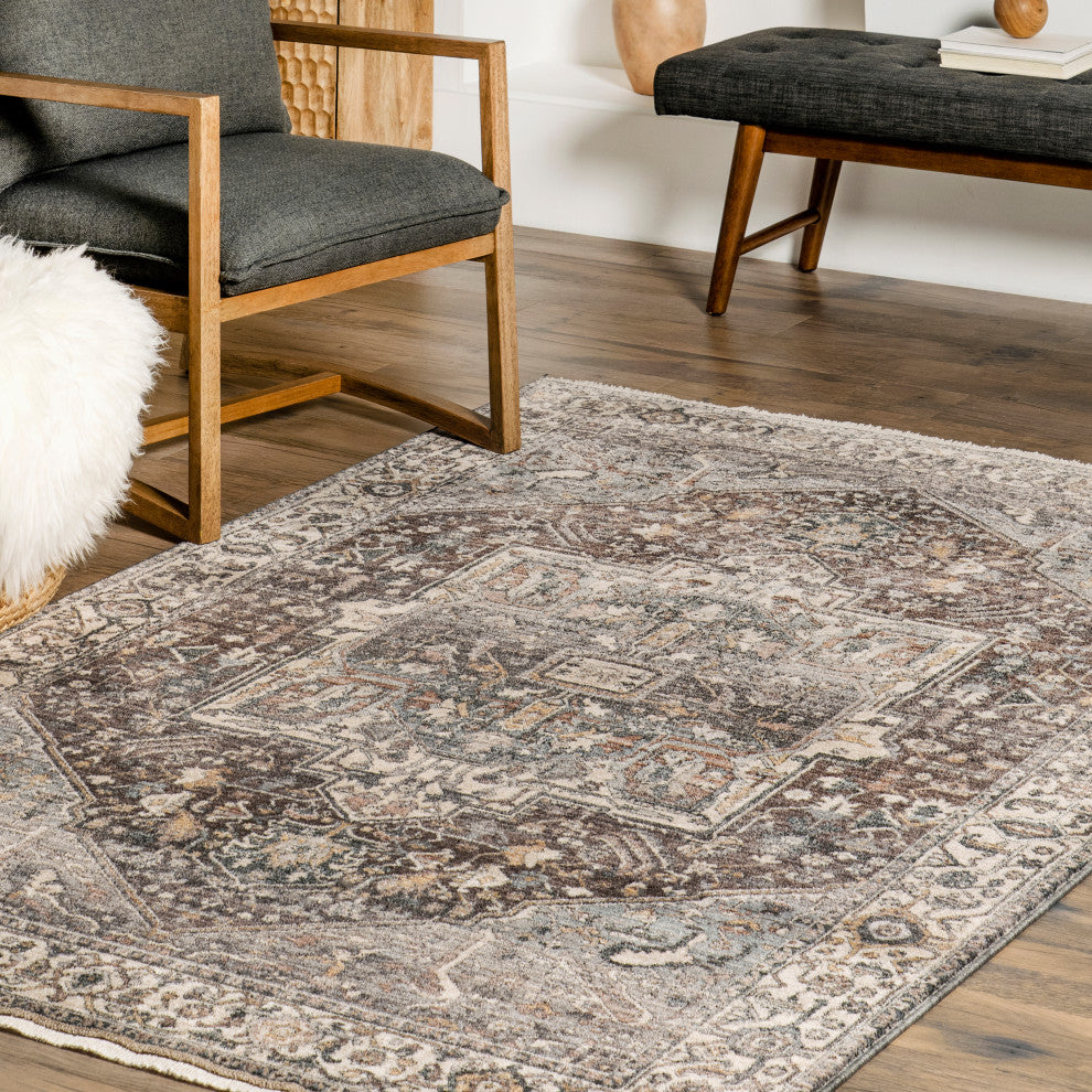 Nuloom Harriet Vintage Medallion Fringe Area Rug, Dark Gray 7'10"x9'8"