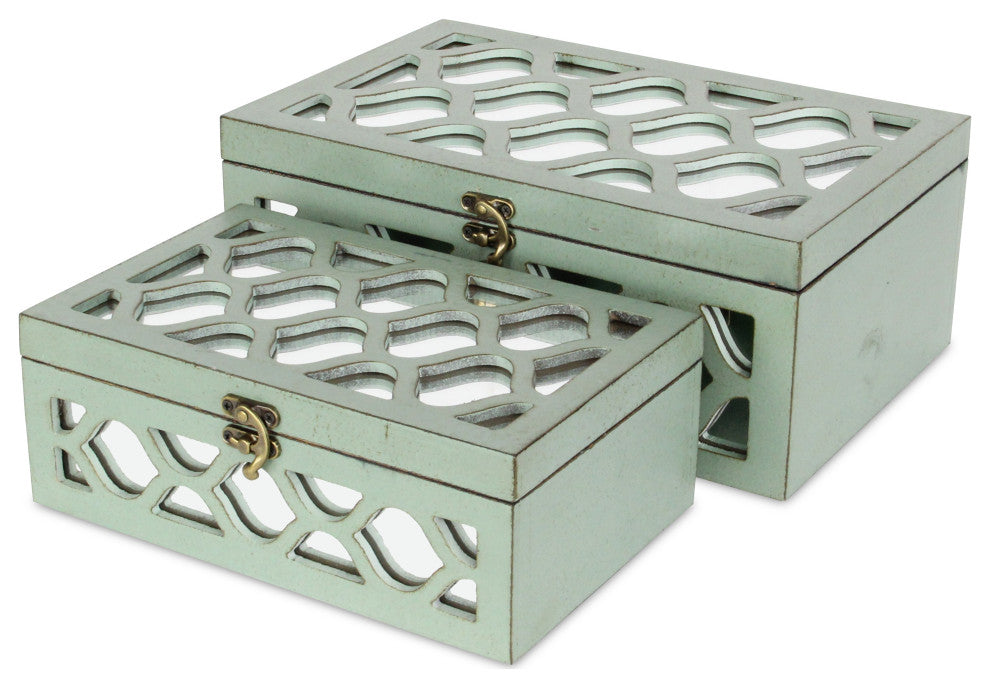 Moroccan Mirrored Wooden Boxes, Blue, Set of 2, Blue