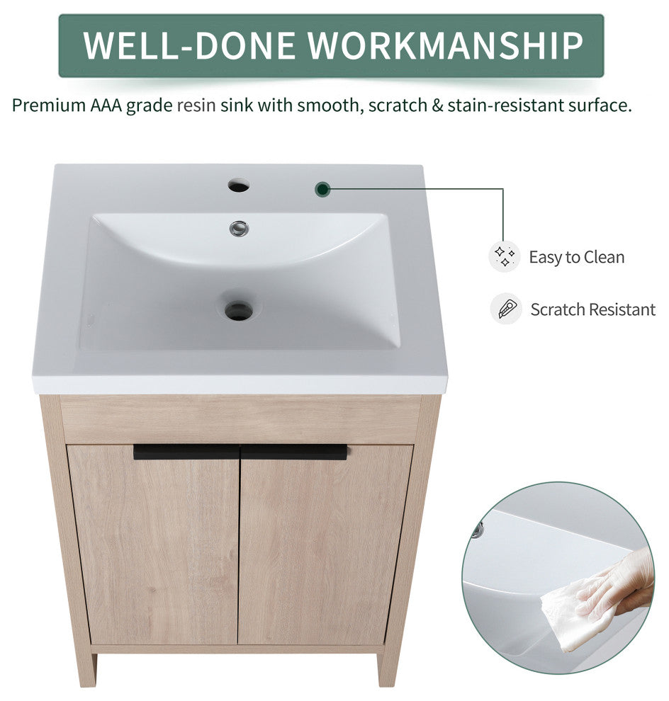 24 Inch Plywood Freestanding Bathroom Vanity With White Resin Sink and Doors