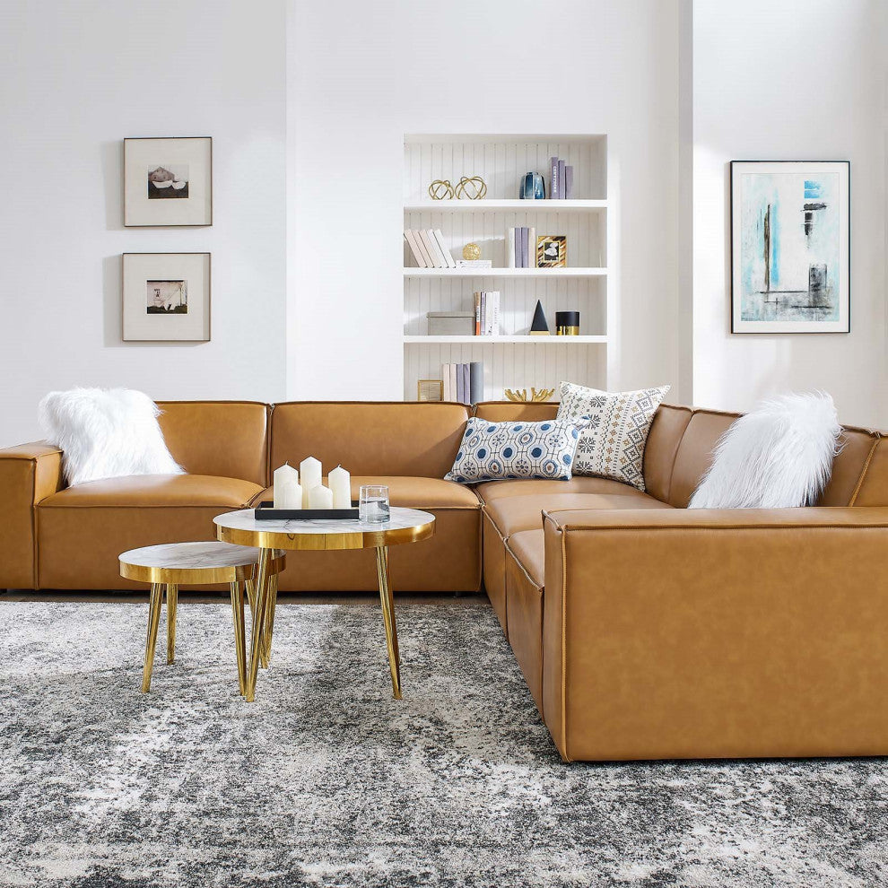 Sectional Sofa Set, Faux Vegan Leather, Tan, Modern, Living Lounge Hospitality