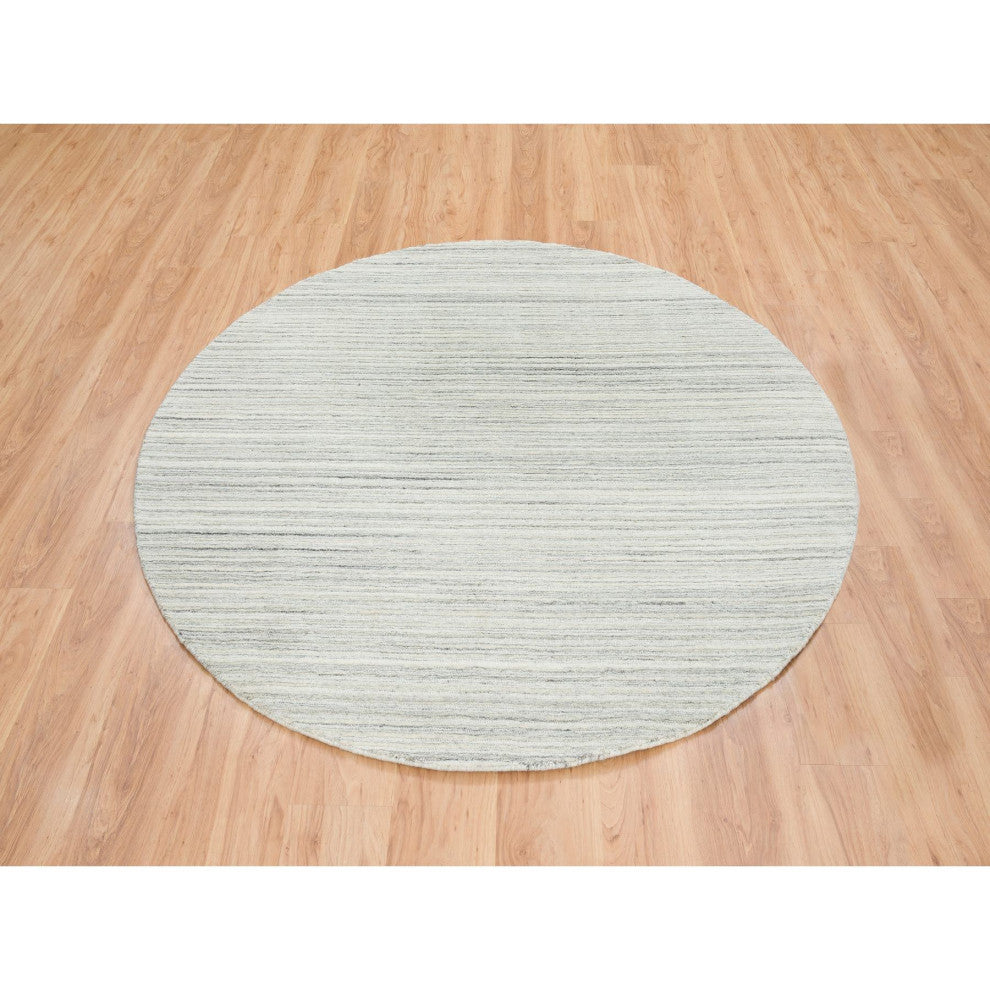 Ivory, Hand Loomed, Undyed Natural Wool Modern Design Round Rug, 6'1"x6'1"