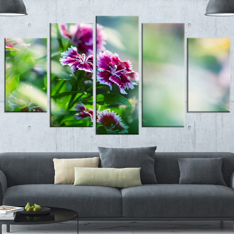 Pink Flowers on Green Background, Floral Canvas Art Print, 60"x32", 5 Panels