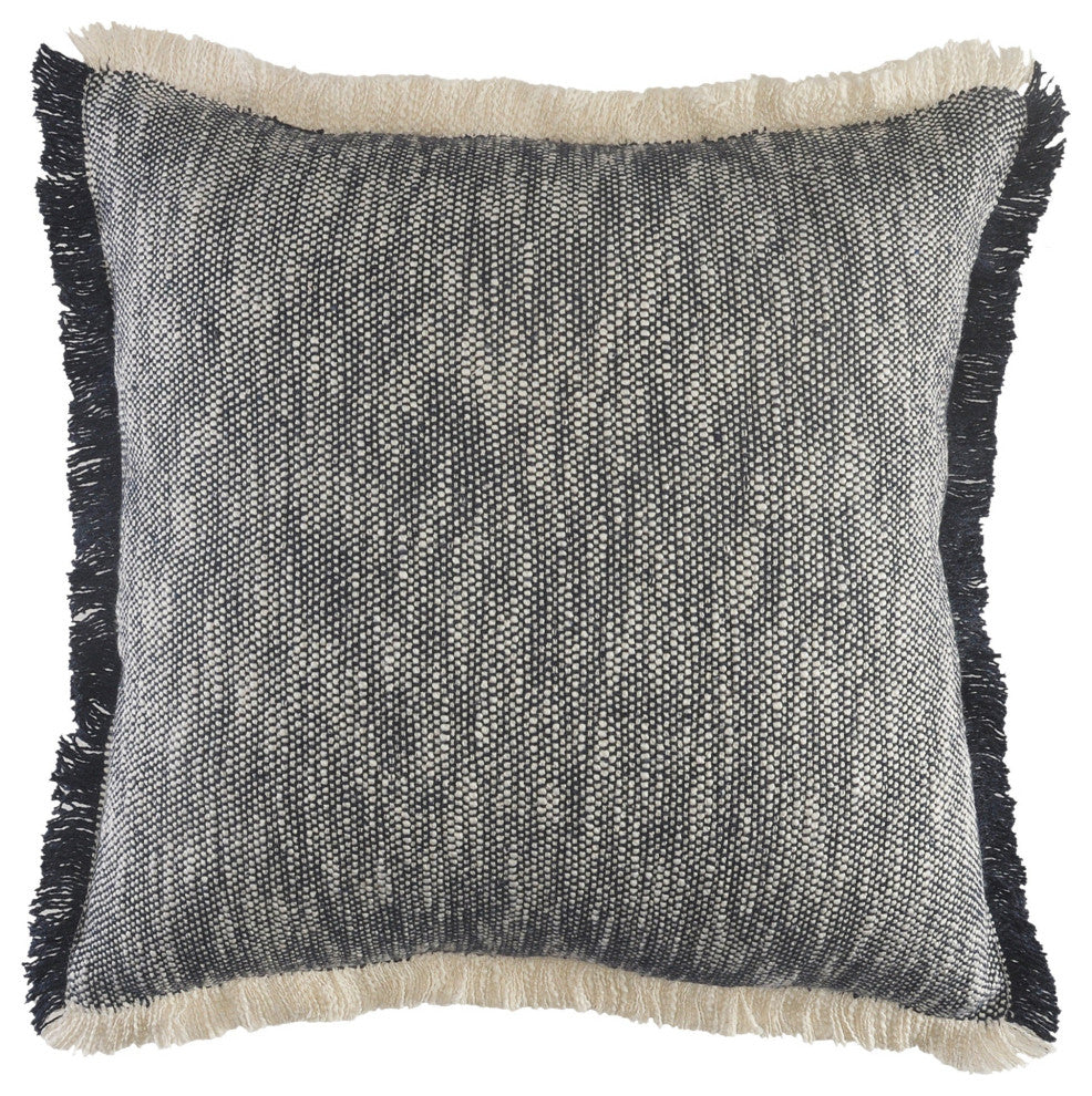 Two-Tone Cotton Throw Pillow with Fringe, Dark Blue, 20" X 20"