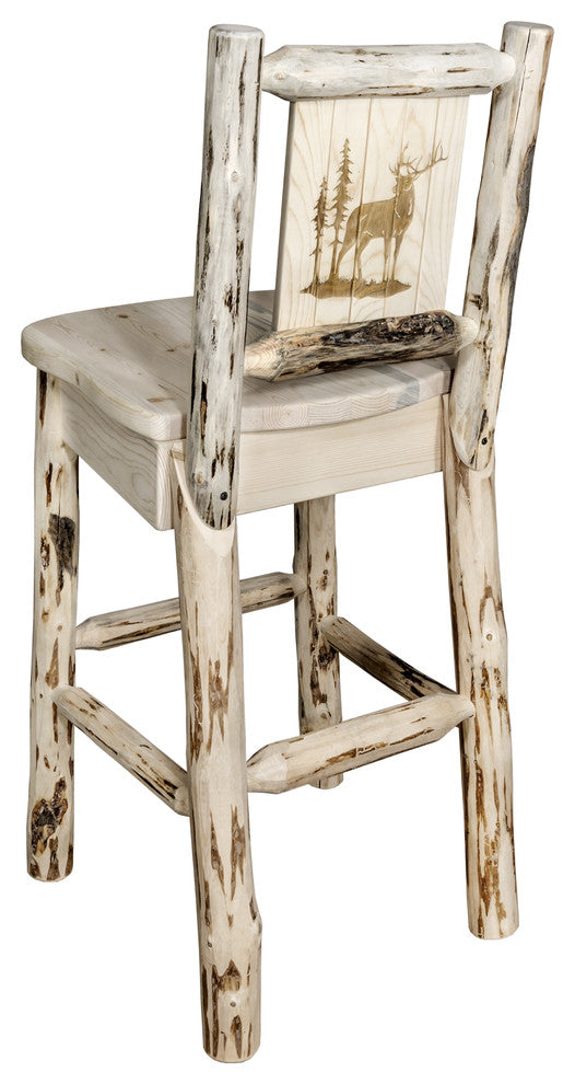 Montana Counter Height Barstool With Laser Engraved Elk, Clear Lacquer Finish, L