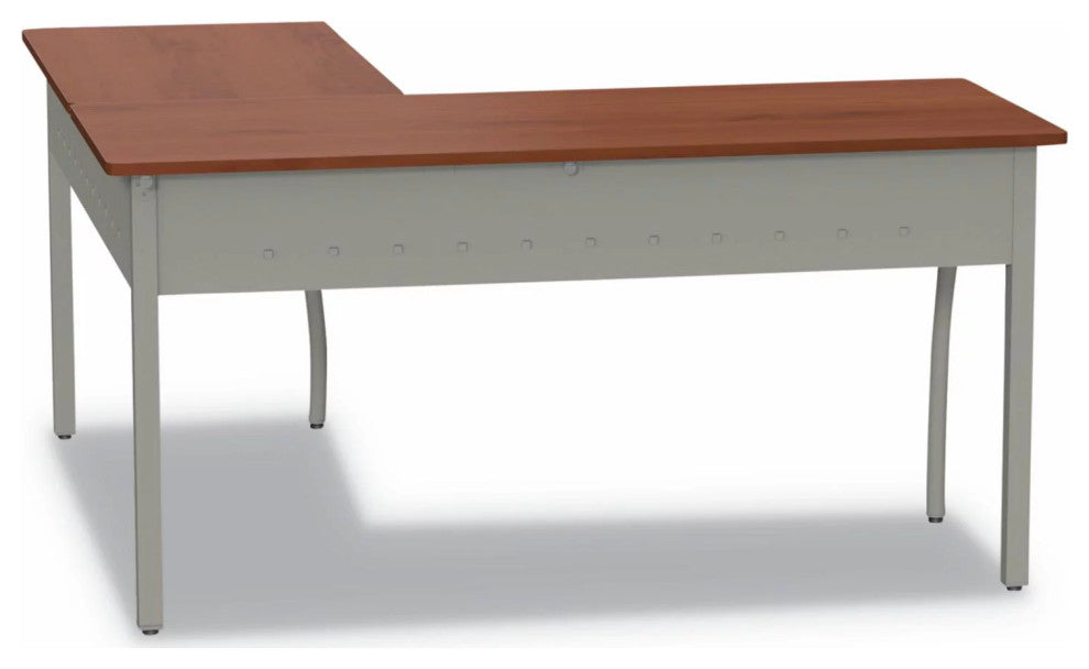 Modern Desk, L-Shaped Design With Metal Legs & Wooden Top, Cherry/Gray