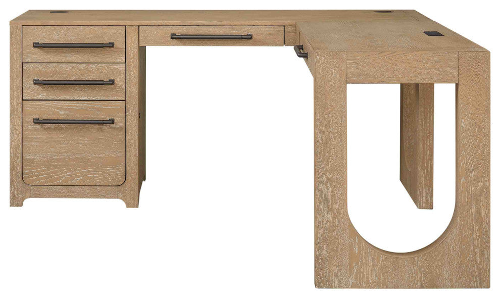 Modern Wood L-Shape Pedestal Desk With Right Facing Open Return, Light Brown