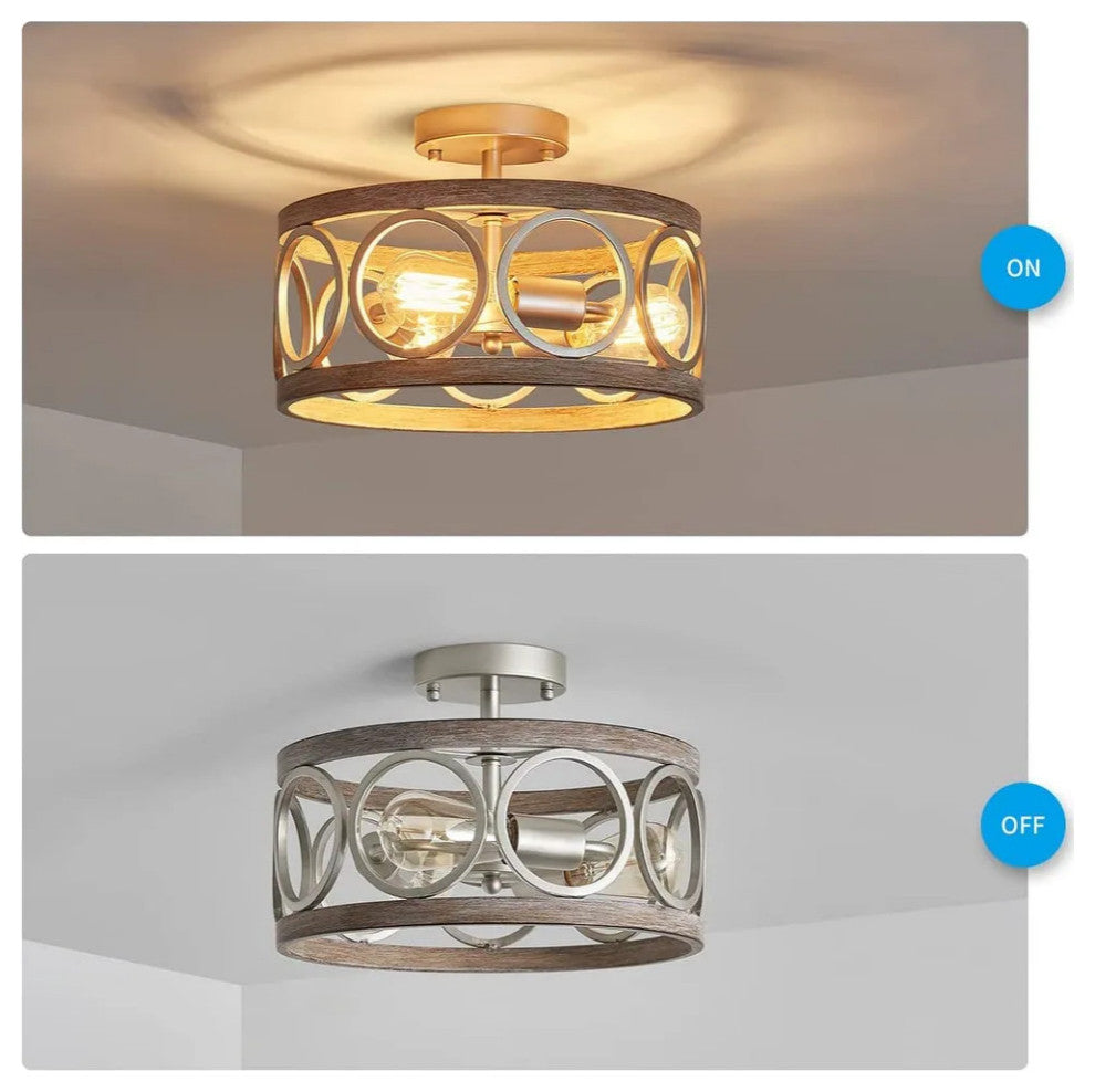 3 Light Semi Flush Mount Ceiling Lighting Fixture, Antique Wood Grain Drum