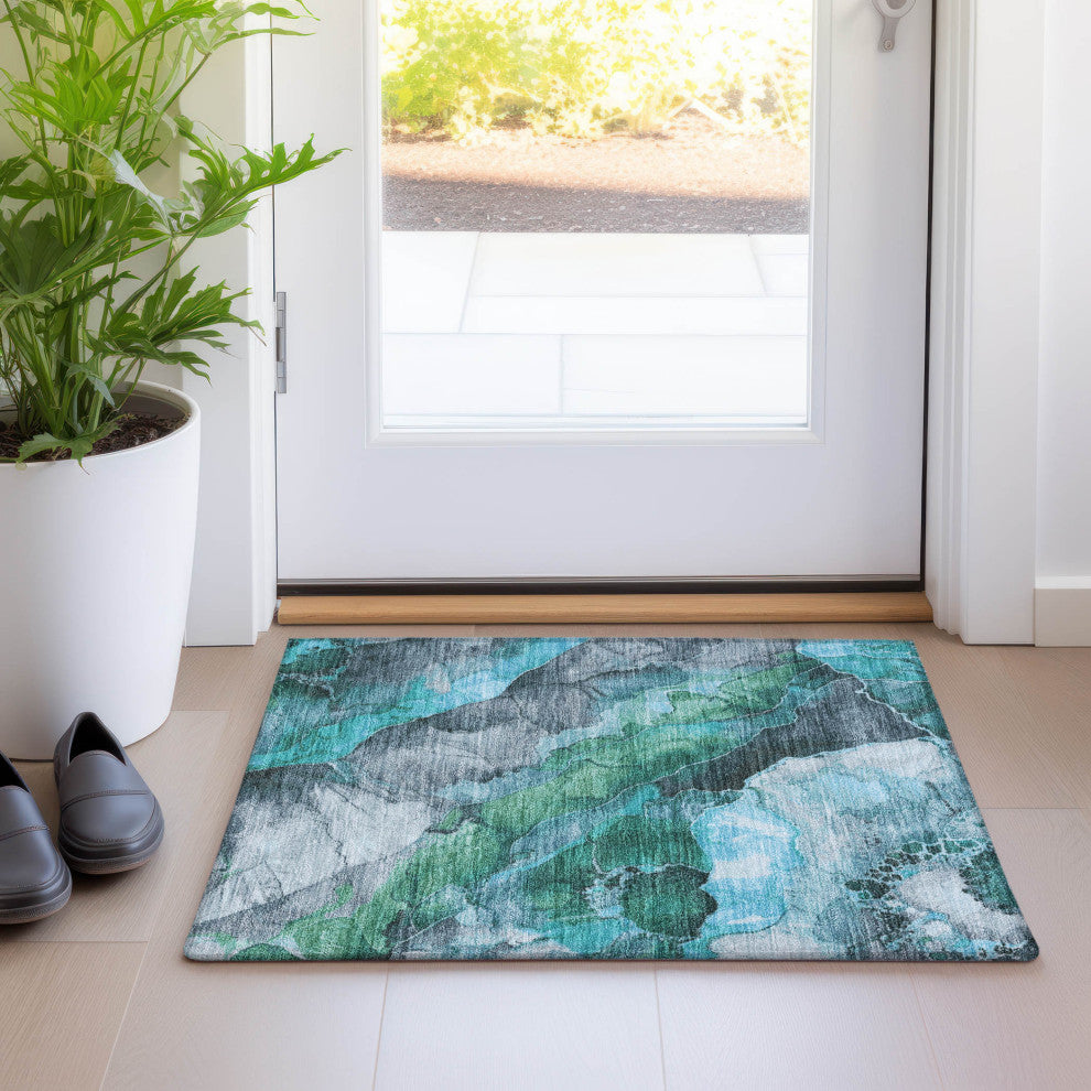 Machine Washable Indoor/Outdoor Chantille ACN1864 Teal 1'8" x 2'6" Rug