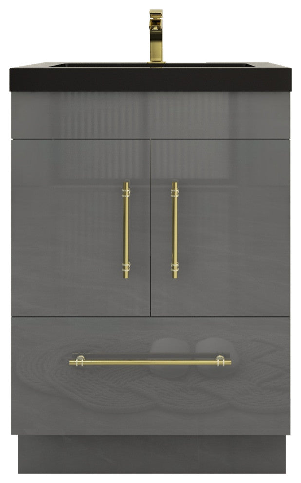 Rosa 24" Free Standing Modern Vanity, High Gloss Gray, Matt Black Top