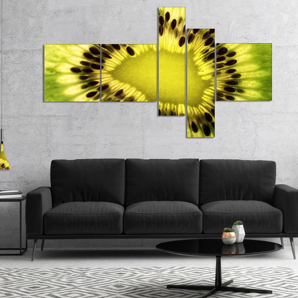 Green Kiwi Seeds and Inside Pattern, Abstract Canvas Print, 60"x32", 5 panels