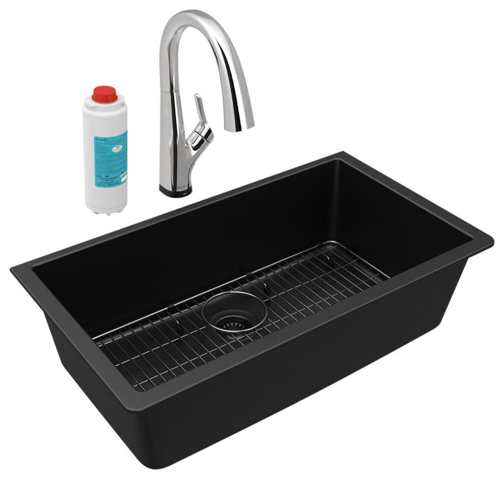 Quartz Classic 33" Single Bowl Undermount Sink Kit With Filtered Faucet, Black