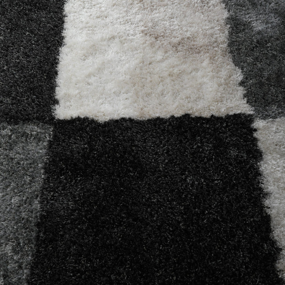 HAND TUFTED SHAG POLYESTER ECO-FRIENDLY AREA RUGS, Black Silver Color, Geometric
