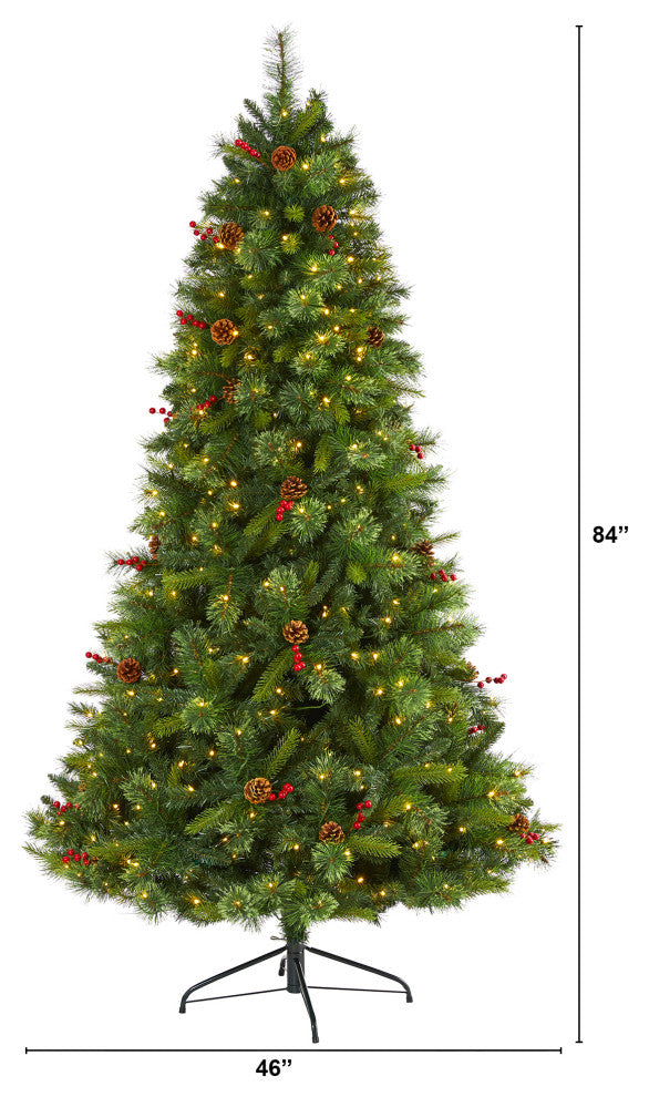 7' Aberdeen Spruce Faux Xmas Tree With 500 Clear Lights, Pinecones & Red Berries