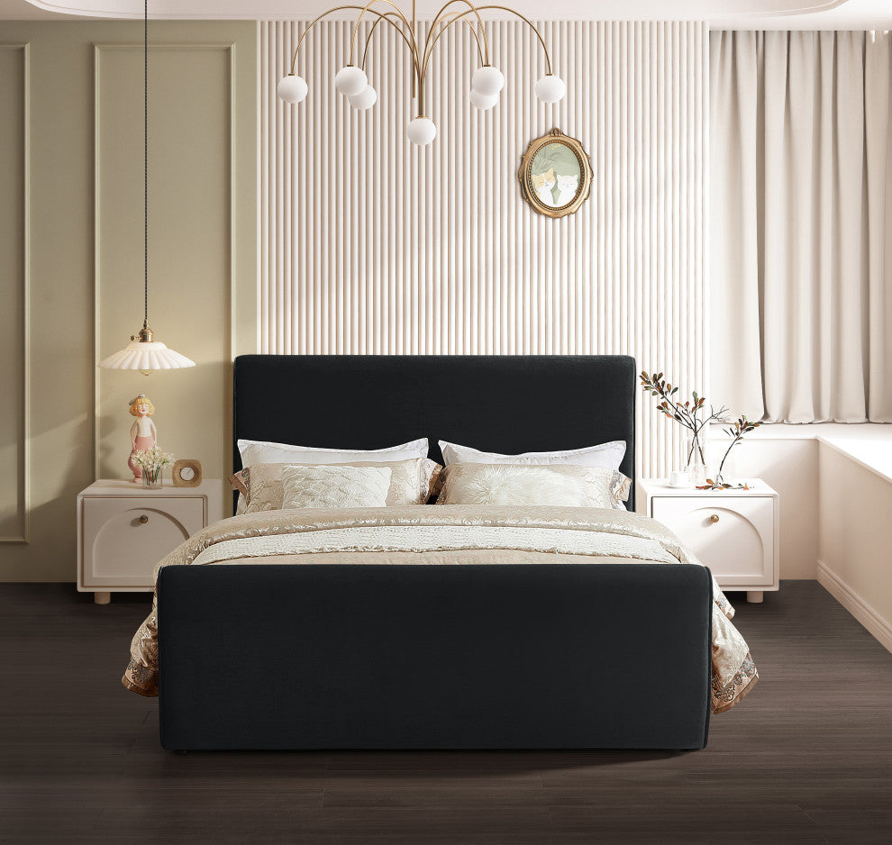 Sloan Black Velvet Full Bed, Black, Queen