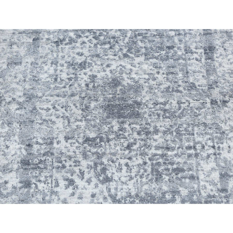 Gray Hand Knotted Erased Persian Design Wool and Silk Runner Rug 2'7"x7'10"