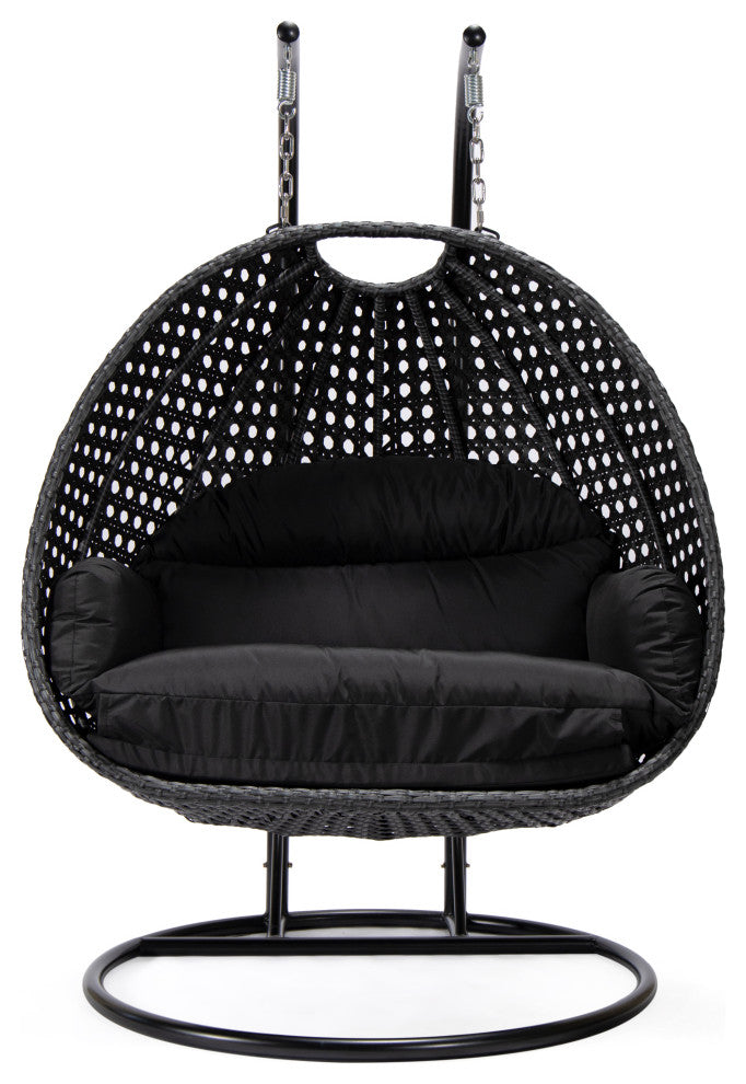 LeisureMod Mendoza Charcoal Wicker Hanging Double Egg Swing Chair, Black