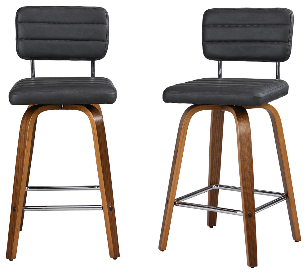 Swivel Bar Stool Leather Bar Stool, Wood Legs, Counter Height, Pu, Set of 2, Gray, 26"