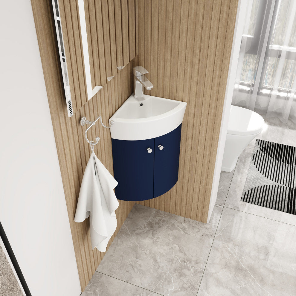 BNK Compact Double-Door Corner Bathroom Cabinet with Ceramic Basin