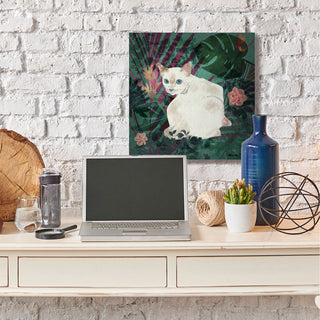 White Cat Flower Collage White Green Design, 30"x30"