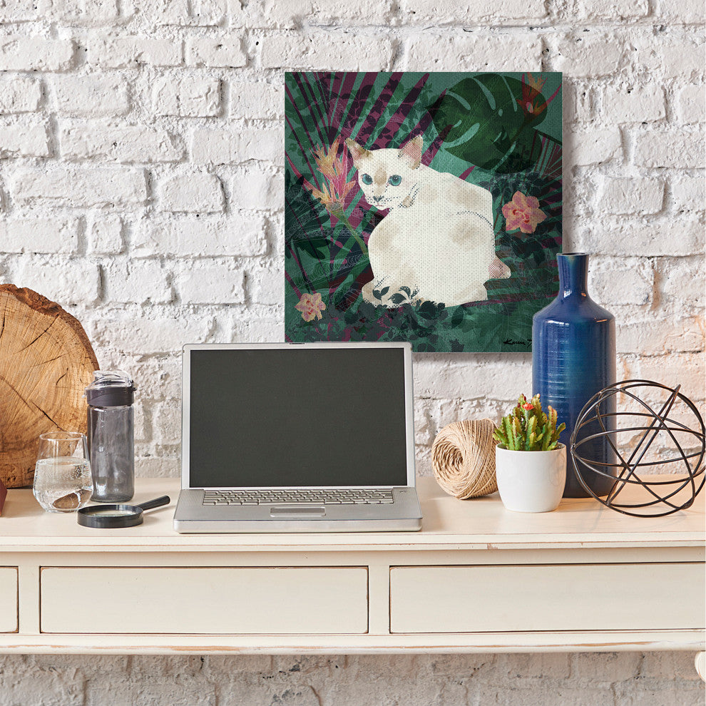 White Cat Flower Collage White Green Design, 30"x30"