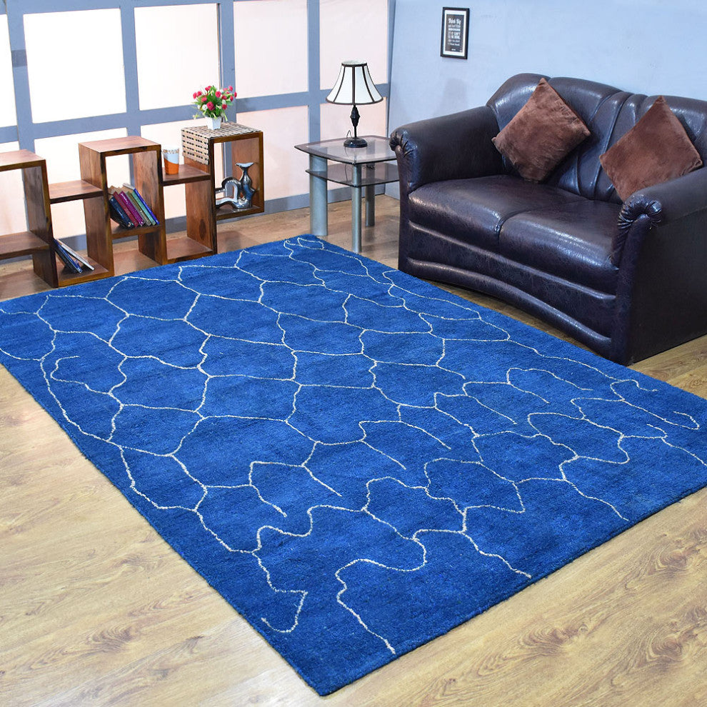 HAND KNOTTED LOOM SILK AREA RUGS-9'x12',Rectangle,Blue White,Contemporary