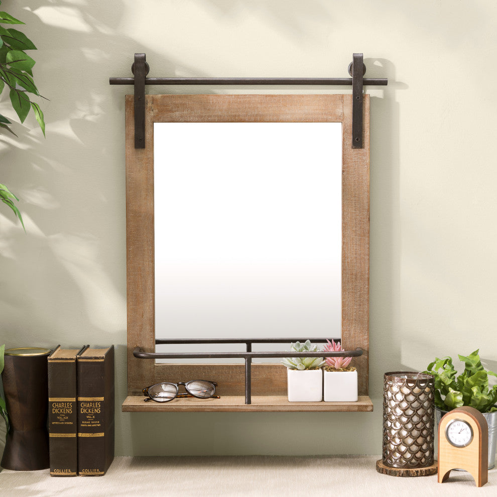 Danya B. Rustic Industrial Wall Mount Barn Door Vanity Mirror With Shelf
