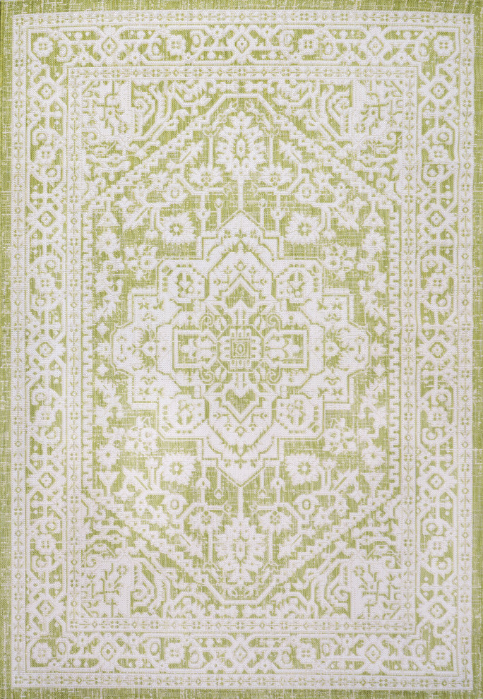 Sinjuri Medallion Textured Weave Indoor/Outdoor, Green/Cream, 4x6