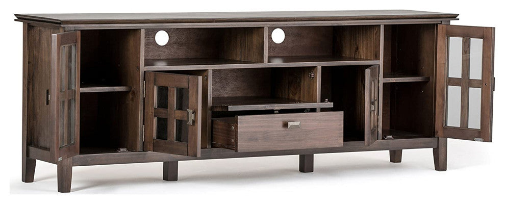 Contemporary TV Stand, Elegant Window Style Cabinet Doors, Natural Aged Brown