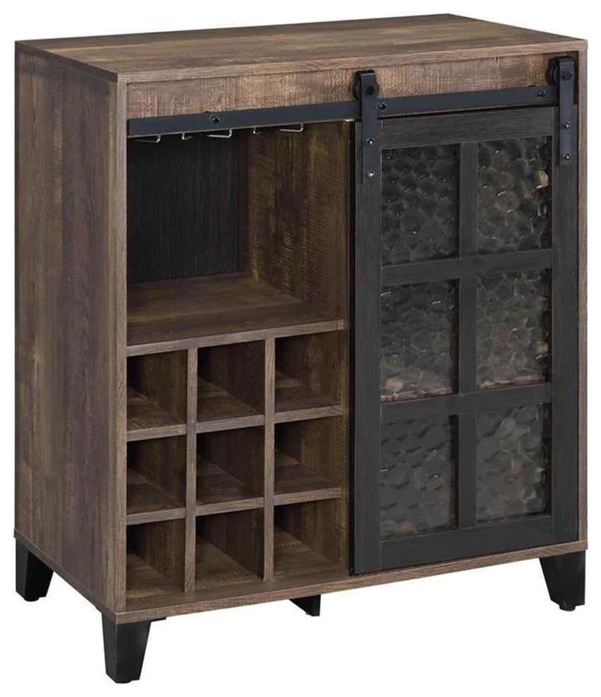 Bowery Hill Wooden Wine Cabinet with Glass Door in Rustic Oak and Black