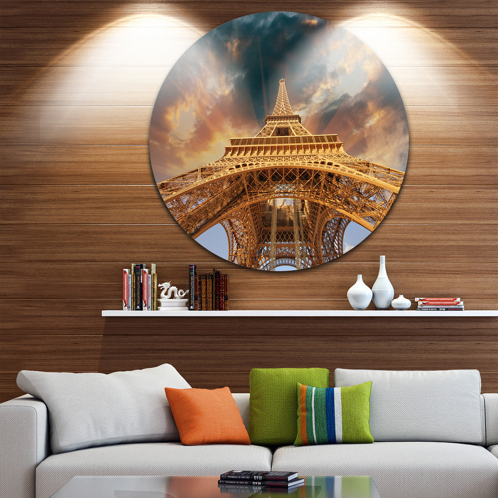 Paris Eiffel Tower In Paris With Sunset Colors, Disc Metal Artwork, 11"