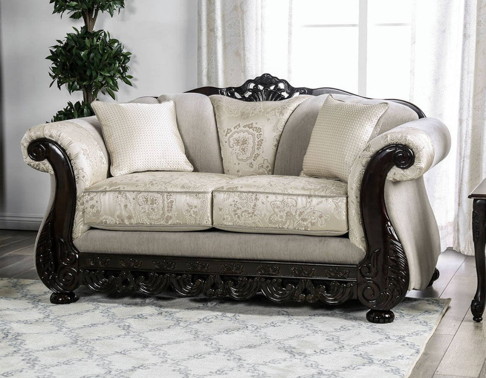 Chenille Love Seat with Wood Trim Design, Ivory
