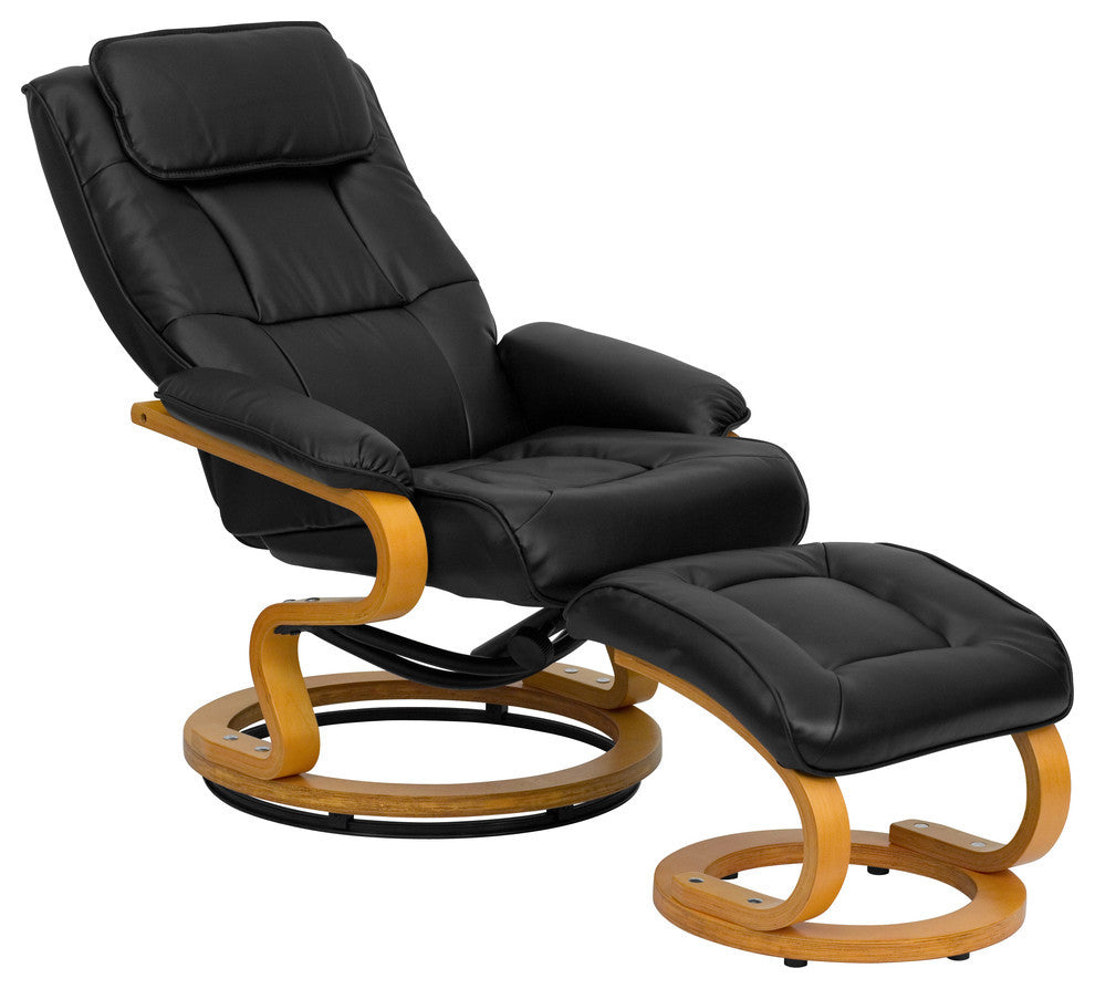 Black Leather Recliner and Ottoman With Swiveling Maple Wood Base