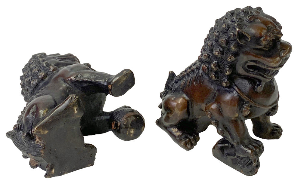 Pair Chinese Oriental Brown Color Metal Fengshui Foo Dog Figures Hws2493