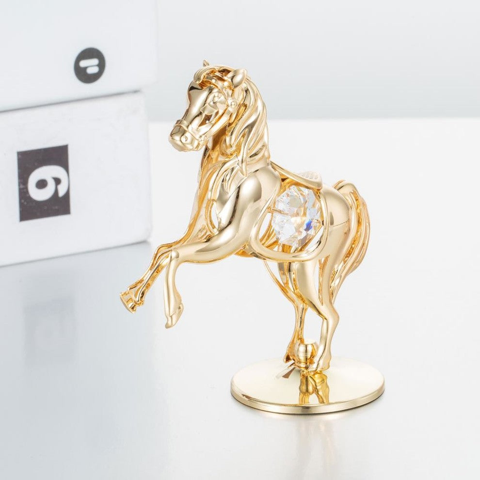 24K Gold Plated Crystal Studded Horse On a Pedestal Ornament