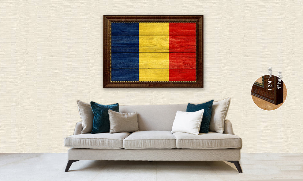 Chad Country Textured Flag Print With Brown Gold Frame, 19"X27"