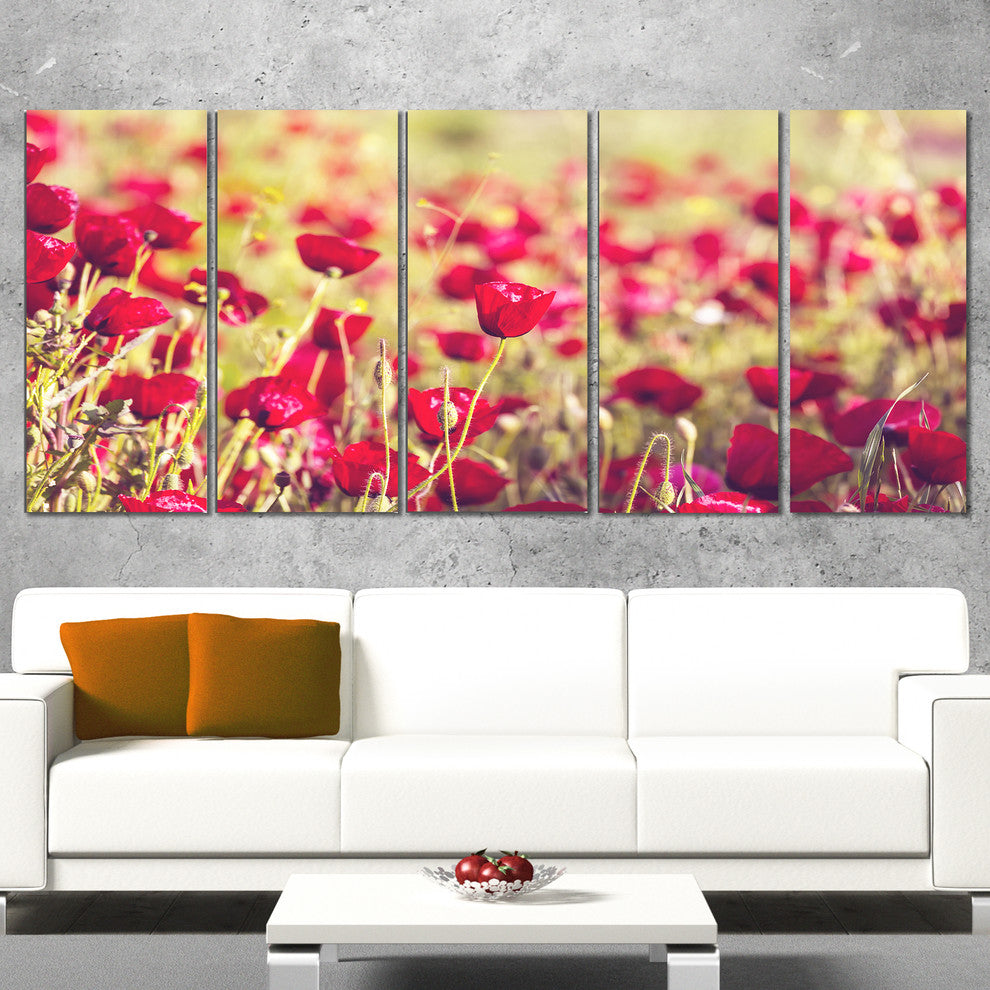 Fantastic View of Wild Poppy Flowers, Flower Canvas Print, 60"x28", 5 Panels