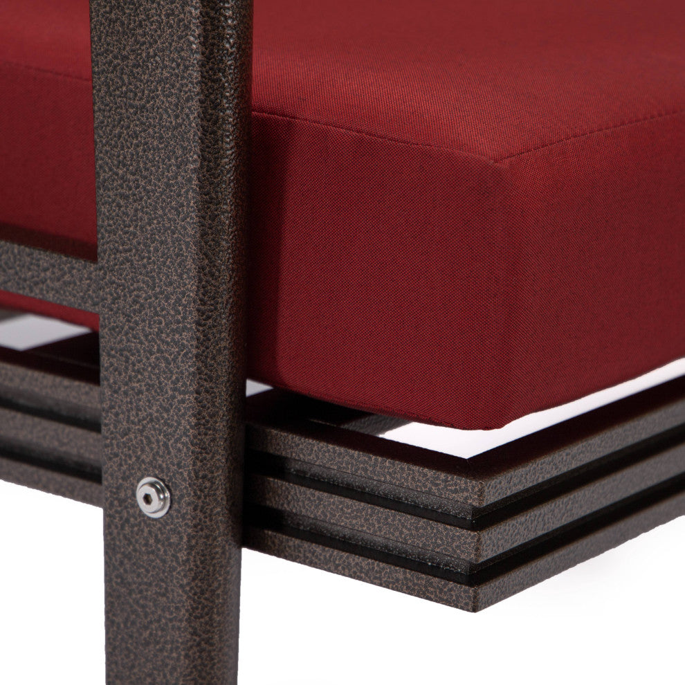 LeisureMod Walbrooke 3-Piece Patio Set With Brown Aluminum Frame and Cushions, Red