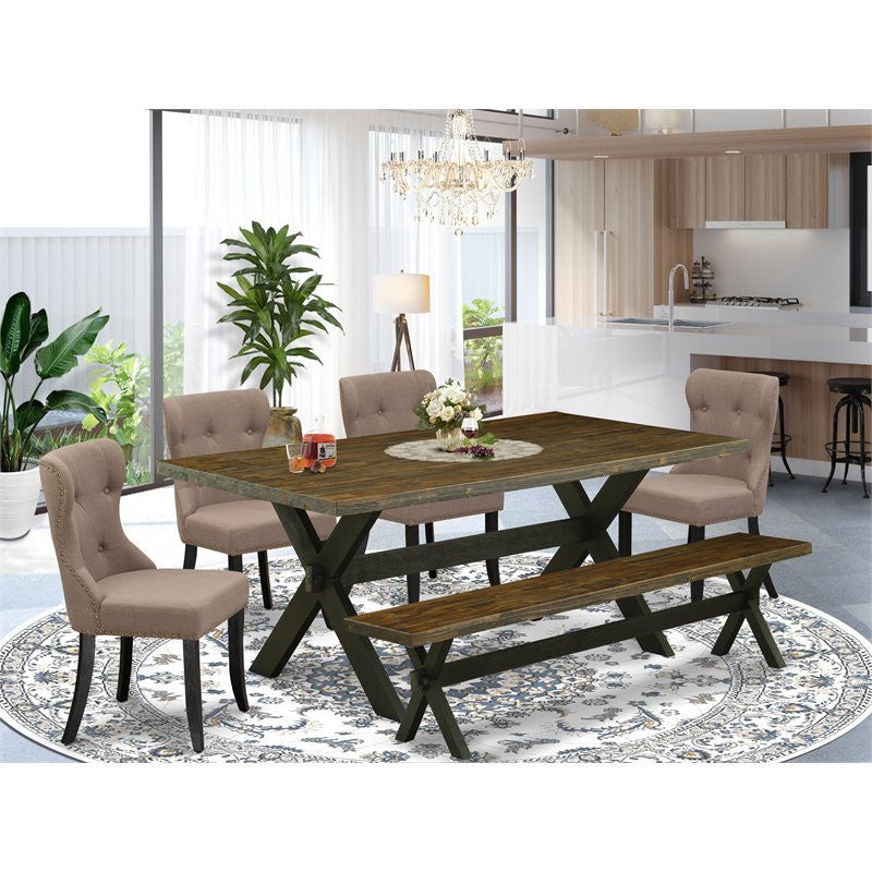 6-Piece Set With 4 Chairs, Wooden Cross Legs, Table and Dining Bench