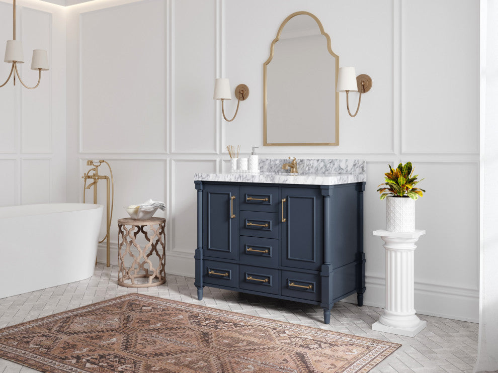 Aberdeen 42 Single Sink Bath Vanity in Hale Navy Blue  2" Carrara Marble