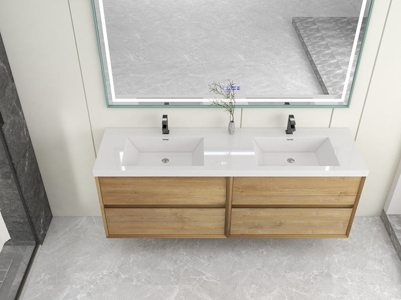 Ashley 72'' Floating Vanity, Acrylic Top, Double Sink, White Oak