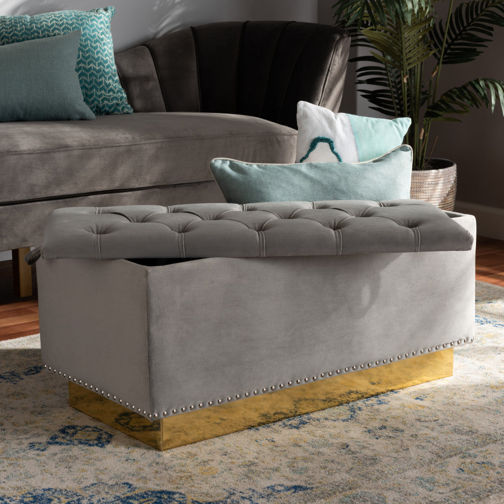 Glam and Luxe Grey Velvet Fabric Upholstered and Gold PU Leather Storage Ottoman