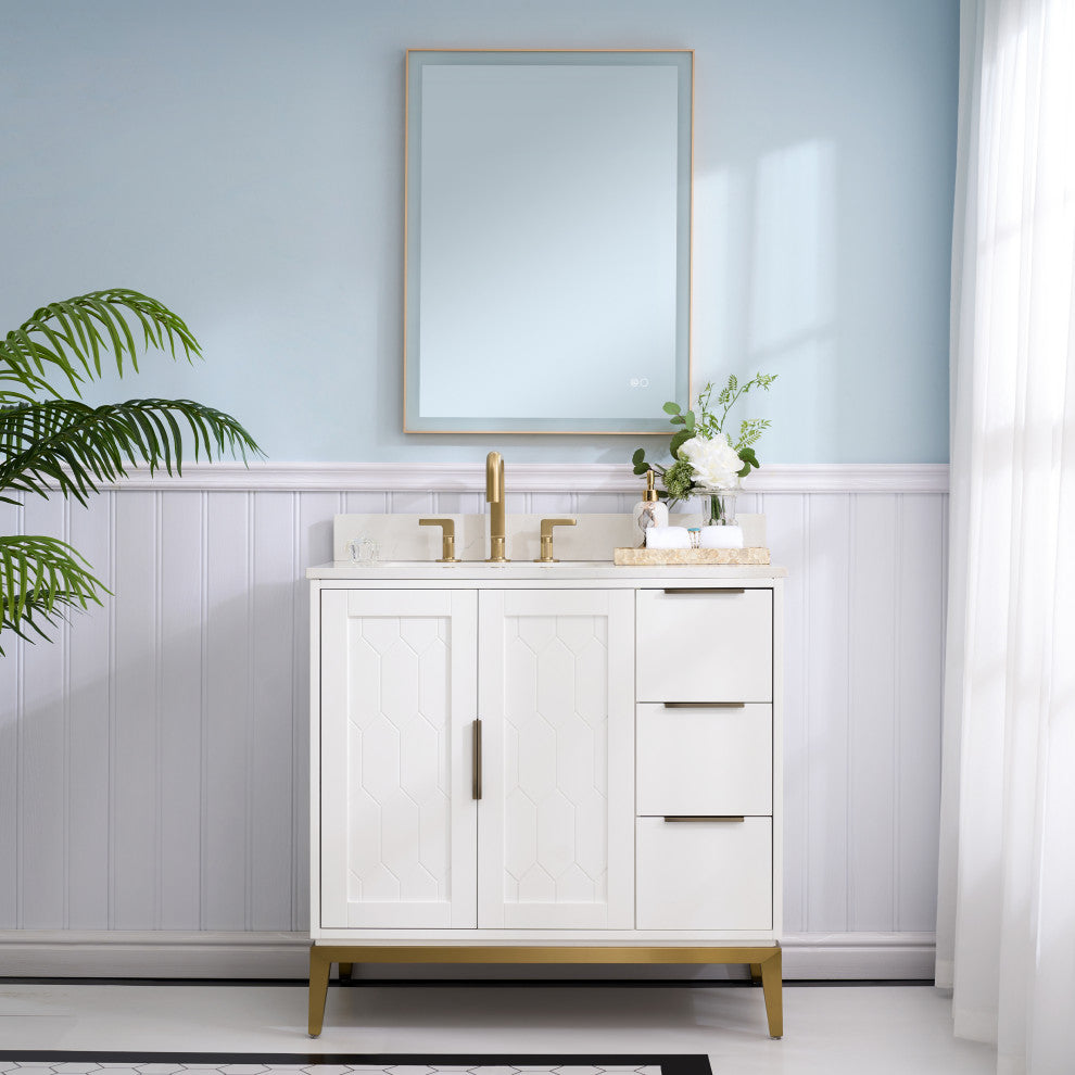 Alison Freestanding Bathroom Vanity with Italian Carrara White Marble Top, White, 36"