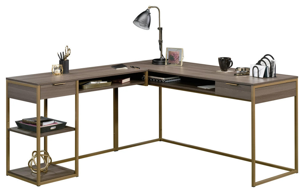 Contemporary Desk, L-Shaped Design With Golden Metal Frame, Diamond Ash Finish