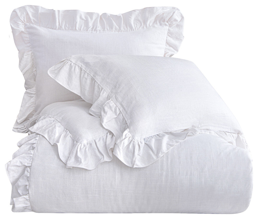 Lily Washed Linen Comforter Set, 3 Piece, White, Queen
