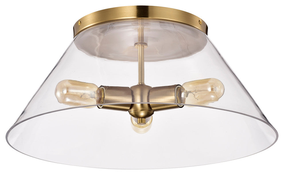 Dover 3-Light Large Flush Mount Fixture, Vintage Brass With Clear Glass