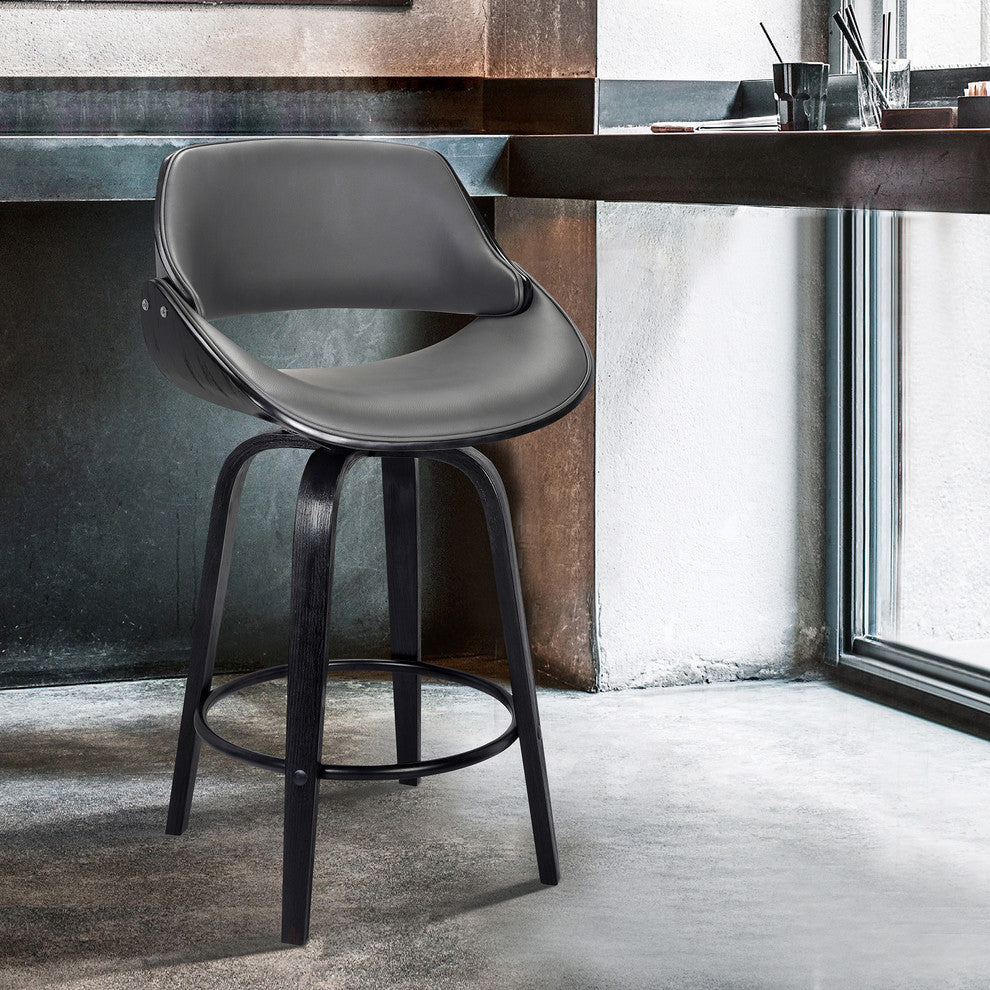 Levit 26" Swivel Counter Stool, Black Brush Wood Finish and Gray Faux Leather