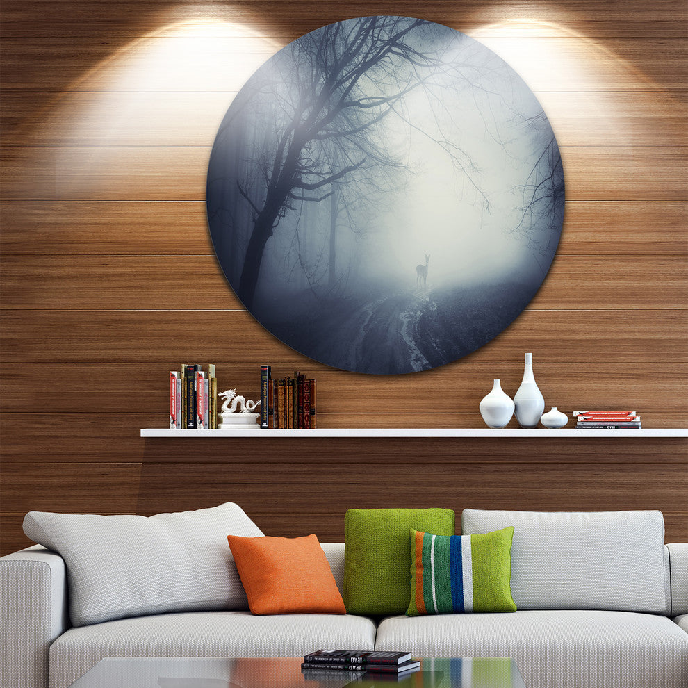 Deer On Road In Foggy Fall Night, Landscape Disc Metal Wall Art, 38"