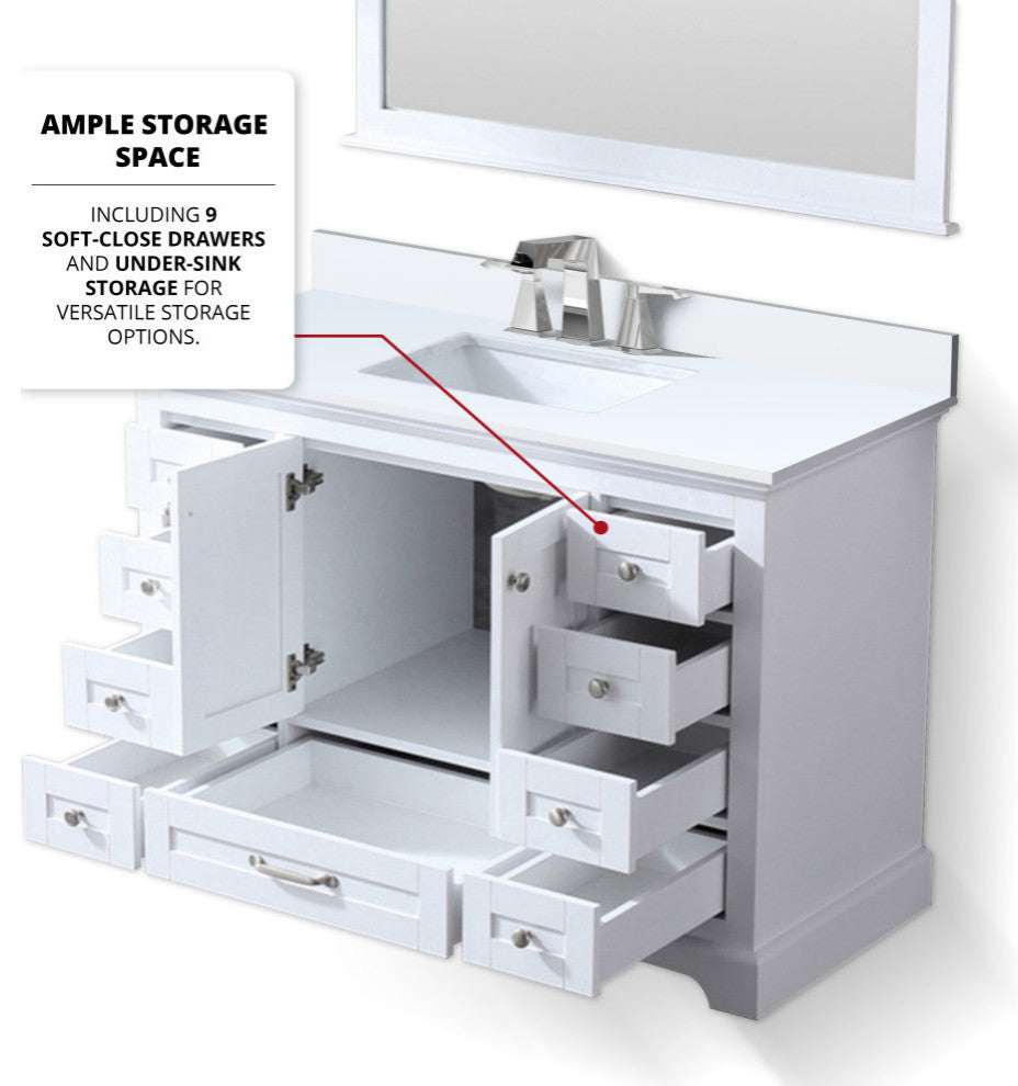 Dukes 48" White Single Square Sink Vanity with Quartz Top, With Mirror and Fauce