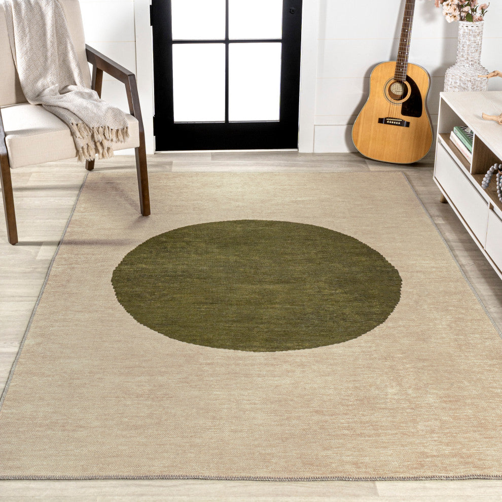 Cirkel Minimalist Geometric Dot Machine-Washable Area Rug, Cream/Olive, 8x10